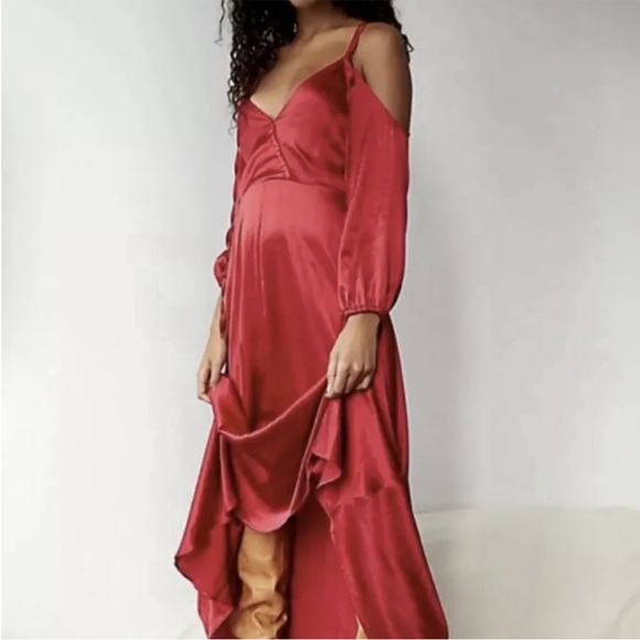 Free People X Brenda Knight Lola Silky Cold Shoulder Strappy Billowy Maxi Dress - Picture 3 of 5